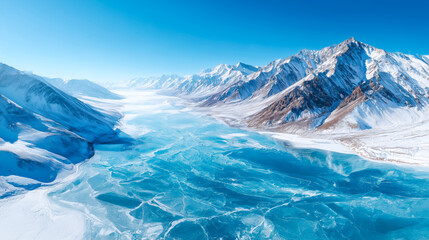 A stunning aerial view of icy mountains and a frozen blue lake, showcasing the beauty of winter's serene landscape.