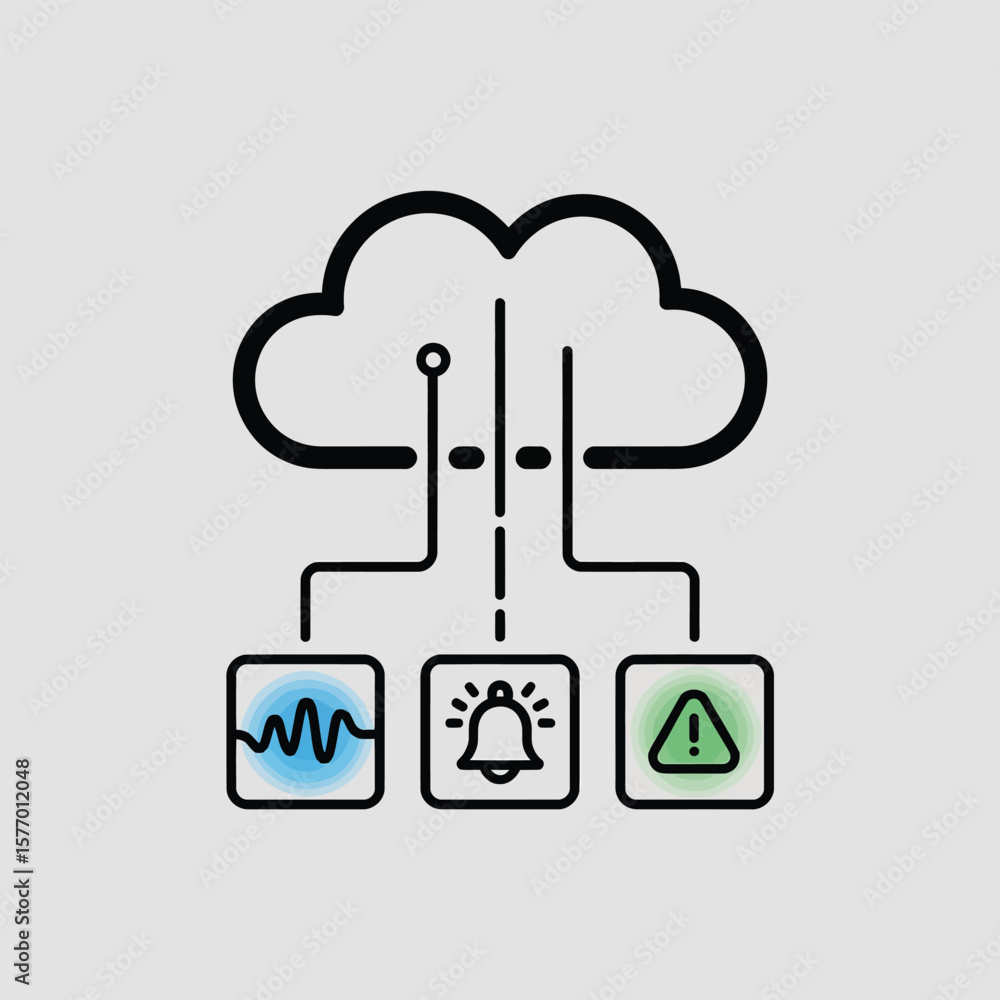 Poster cloud server monitoring system infographic alert notification data visualization with blue green lig