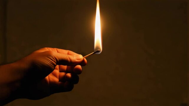 Hand holding lit matchstick in dark room with warm glow  