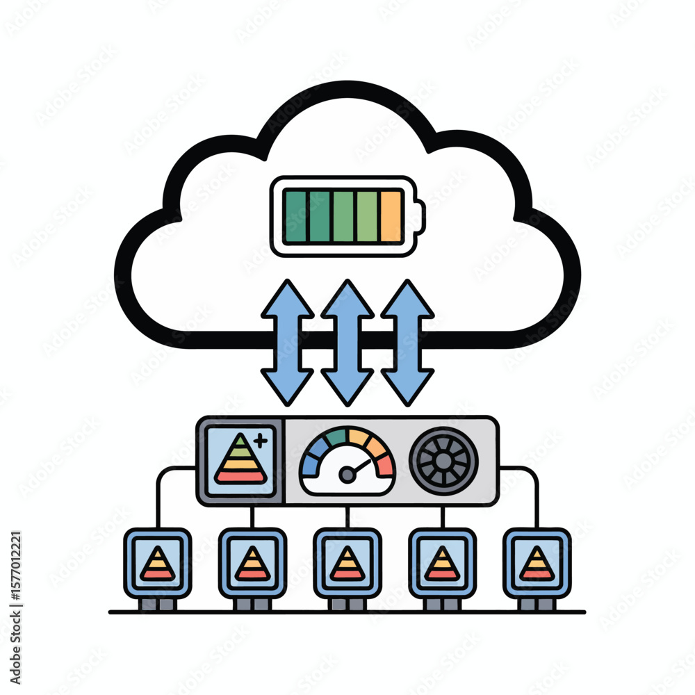 Aufkleber color coded energy efficiency monitoring system illustration showing data transfer to central server