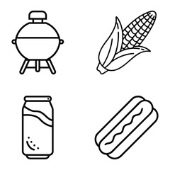Civic Holiday BBQ Icons Grill, Corn, Soda Can, and Hot Dog Line Art Vector Set