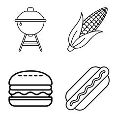 Civic Holiday Food Icons Set BBQ Grill, Corn, Burger, and Hot Dog Line Art Vector