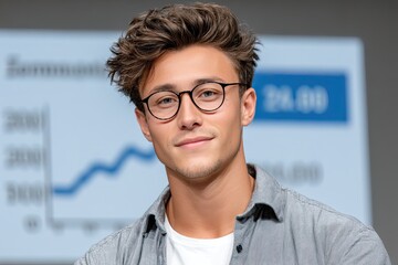 Confident Young Man with Stylish Hair and Glasses Posing Against a Blurred Business Graph Background