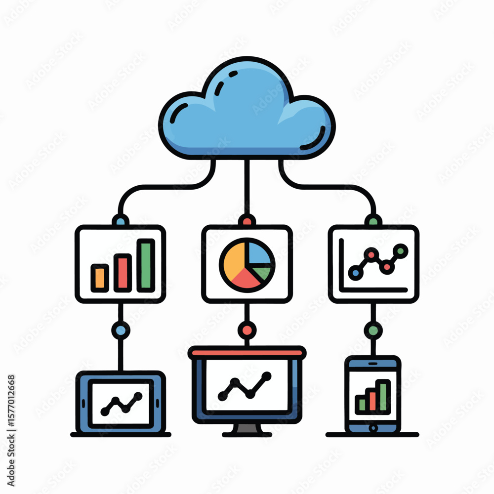 Poster colorful cloud computing icon illustration depicting data synchronization across devices featuring b