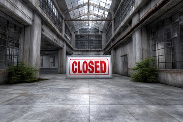Abandoned Factory Building Closed Sign Industrial Interior Space Bankruptcy Concept