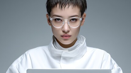 Serious Young Woman with Short Hair Wearing Clear Glasses Focused on Laptop Computer Professional Business Portrait