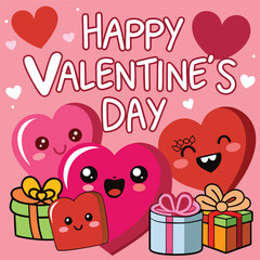 Happy valentines day vector background. Happy valentines day greeting text with hearts and gifts elements in pink space background template. Vector illustration