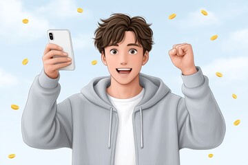 Happy young man celebrating financial success while looking at his smartphone with coins falling around him
