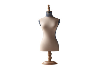 Vintage tailors mannequin dress form with wooden base isolated on transparent background