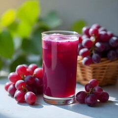Refreshing glass of purple grape juice with fresh grapes and greenery