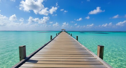 Obraz premium Serene Pier Turquoise Waters with Sunny Sky, and Tropical Escape.