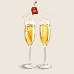 Two champagne flutes with bubbles and price tag on beige background  