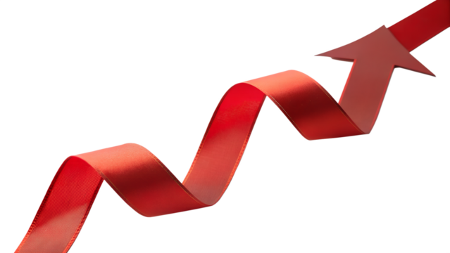 A red ribbon arrow points upward, symbolizing growth, isolated on transparent background