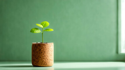 A vibrant green plant in a simple pot against a calming green background, symbolizing growth and freshness in home decor.