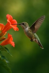Fototapeta premium Tiny hummingbird hovering with spread wings feeding on bright orange red flower nectar in natural garden wildlife photography