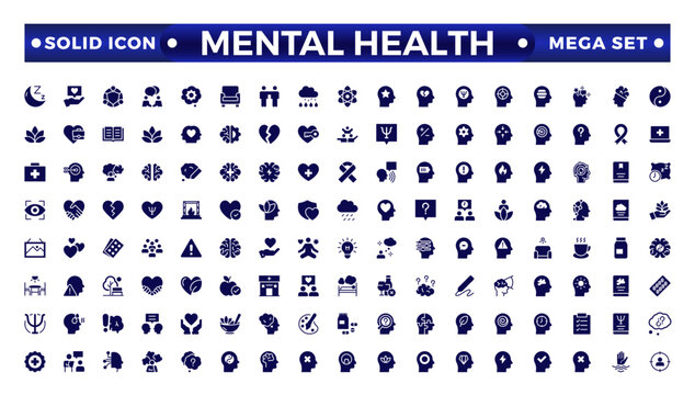 Mental health solid icon set. Containing depression, bipolar, PTSD, panic, and mental disorder icons. Psychology solid symbol vector illustration.