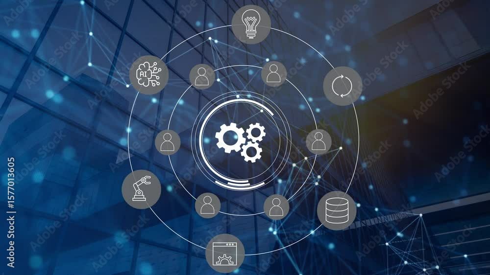 Wall mural animation of technology and business process hyperautomation with digital interface icons