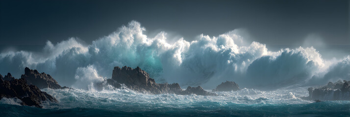 Fototapeta premium Majestic Ocean Symphony: Waves in Motion Against Rocky Coastal Scene Under Dazzling Sunlight