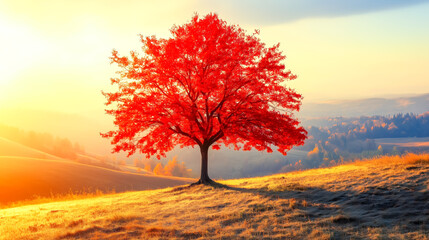 A vibrant red tree stands alone on a hill, illuminated by the golden sun, showcasing the beauty of nature in autumn.