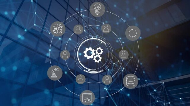 Animation of technology and business process Hyperautomation with digital interface icons
 - Powered by Adobe
