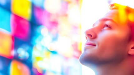 A young man gazing upwards with a colorful background, reflecting curiosity and inspiration in a vibrant urban setting.