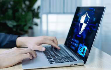 Cybersecurity concept with digital lock icons, firewall, password protection, and network systems. Safeguarding online privacy, data, and technology from hackers and cybercrime in cyberspace.