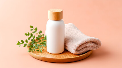 An elegant bottle and towel arranged aesthetically on a wooden tray, surrounded by green leaves on a soft pink background.