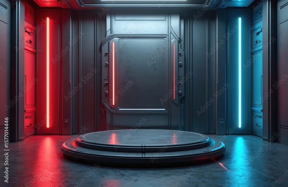 Fototapete Futuristic sci-fi setting with round black speaker on platform. Room flanked by smaller platforms. Blue, red, white lights create motion energy effect.