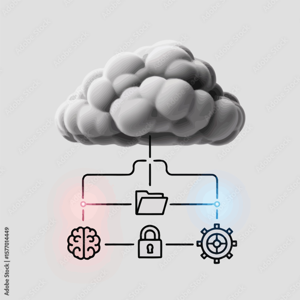 Poster gray 3 d cloud computing data storage system illustration with brain lock gear icons connected by li