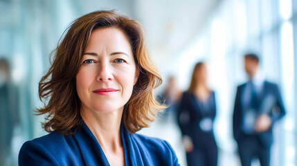 Confident businesswoman poses in bright modern office environment, exuding professionalism and leadership.
