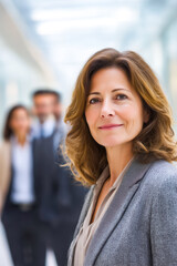 Confident businesswoman smiles in a modern office environment, representing leadership and professionalism in the corporate world.