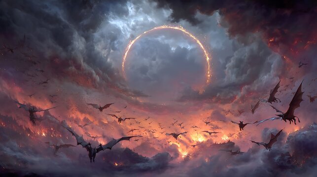 digital fantasy wall art of armies of fire-winged demons flying and battling around a burning ring of fire in the sky, glowing embers, dark epic atmosphere 