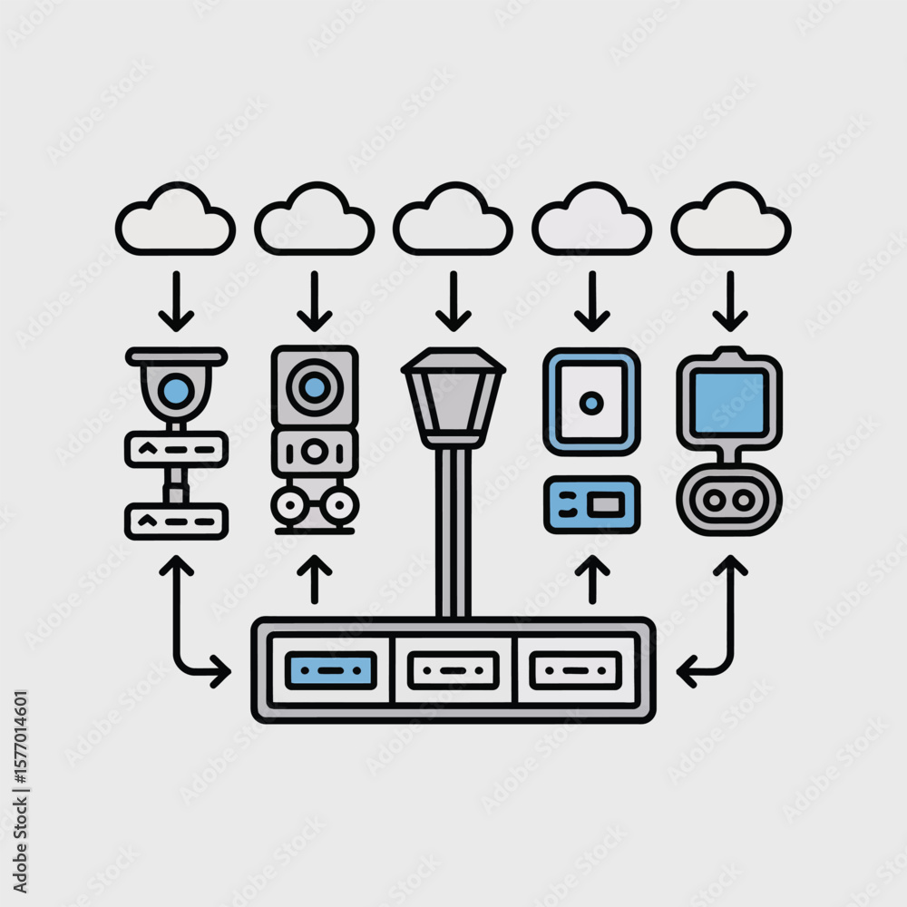 Poster grey and blue flat style illustration depicting edge computing network diagram smart devices data tr
