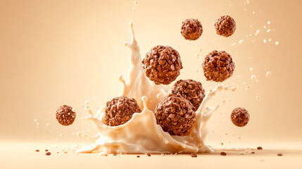 Delicious chocolate balls splashing in creamy milk, creating a dynamic and mouthwatering visual of indulgence and flavor.