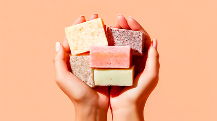 Colorful handmade soap bars held in hands against a soft pastel background, showcasing natural beauty and personal care.