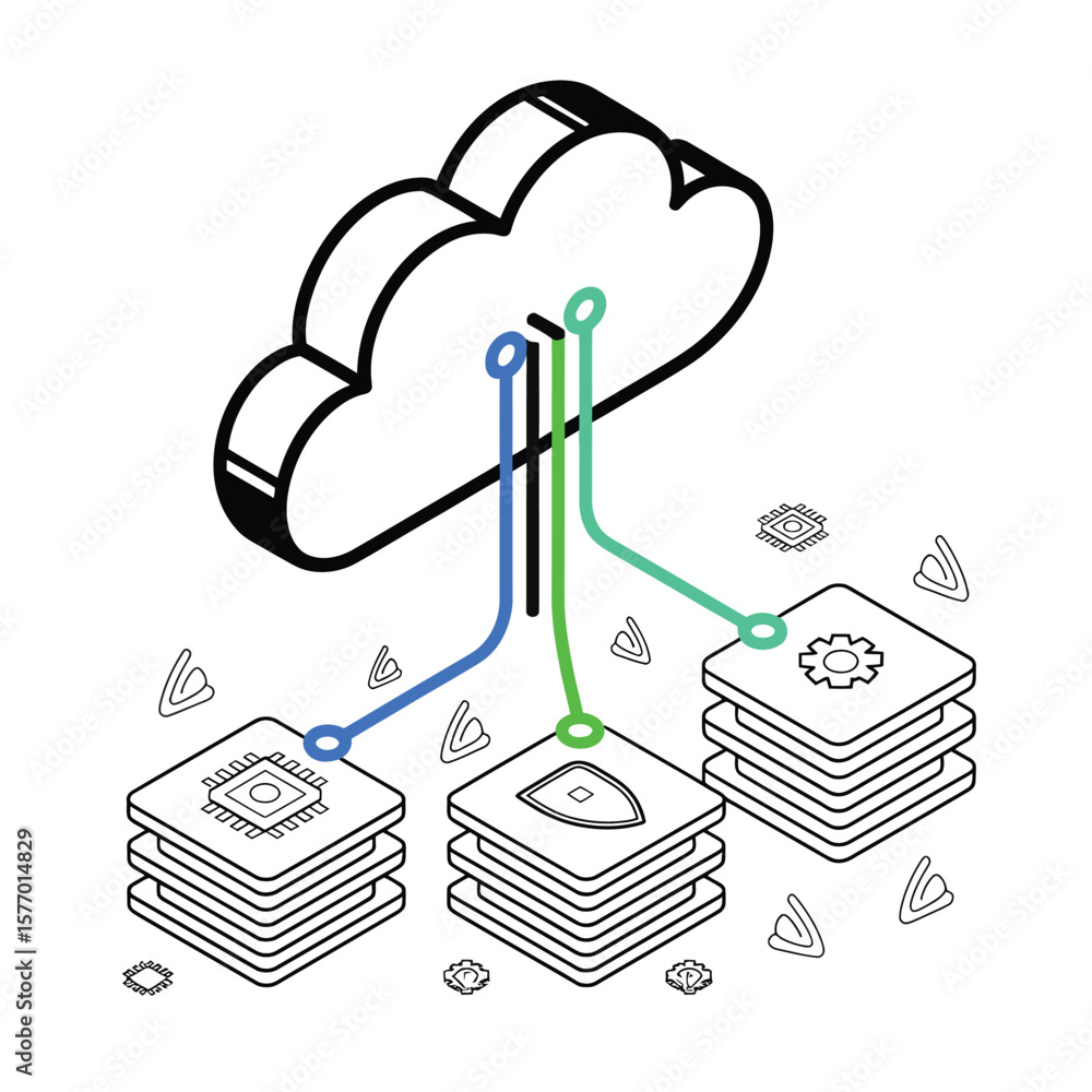 Aufkleber isometric cloud computing data security system illustration microchips shields gears connected by bl