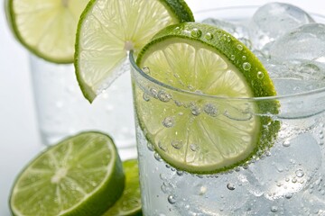 Refreshing lime-infused beverage with ice cubes, showcasing vibrant citrus slices in a glass