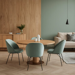 The modern home interior features mint green chairs, a round wooden dining table, a cozy living room design with a sofa and cabinet, and a green wall for home decor inspiration.