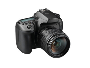 Professional black dslr camera with zoom lens isolated on transparent background