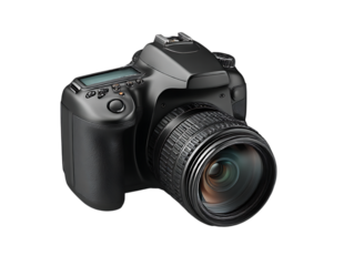 Professional black dslr camera with zoom lens isolated on transparent background