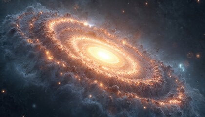 Fototapeta premium Spiral galaxy with white core, brown orange stars in dark space. Radiant, majestic, breathtaking celestial body with stellar structure. Vibrant, starry, cosmic, infinite universe, astrophysical,