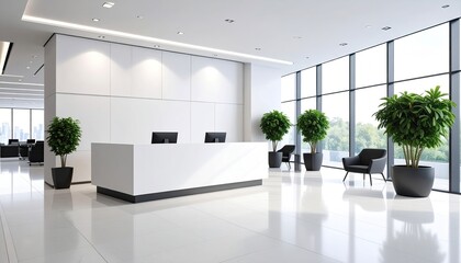 Modern office lobby with city views