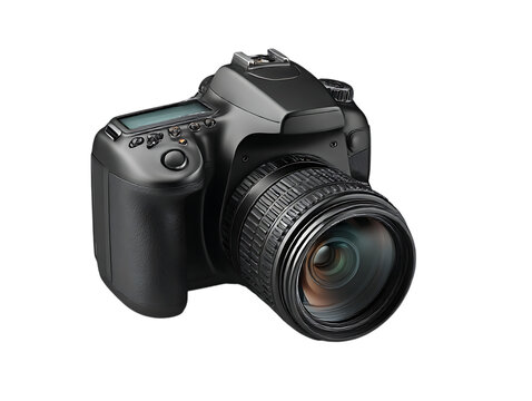 Professional black dslr camera with zoom lens isolated on transparent background