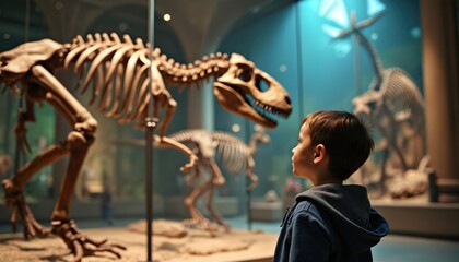 Obraz premium Young boy in blue jacket stands before dinosaur skeleton in museum show. Boy eyes drawn to display. Dinosaur skeleton with head, limbs captures ancient creature. Boy in awe, gazing at skeleton.