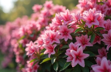 Fototapeta premium Vibrant pink azaleas in full bloom, field of flowers, row of plants, leaves spreading out, long thin petals, pink center, stems adding texture, blurred green, yellow background, flowers in distance,