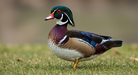 Majestic Wood Duck Vibrant Plumage on Grassy Field in Spring.