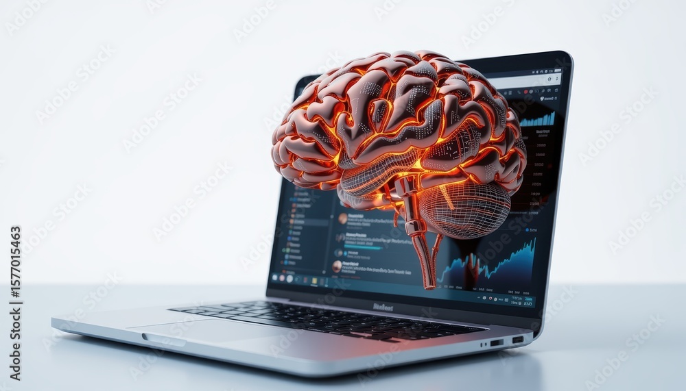 Poster efficient information retrieval concept. brain concept on laptop screen, symbolizing intelligence an