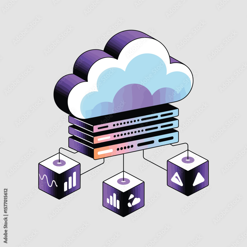 Poster isometric illustration of a cloud computing system servers data cubes gradient purple blue cloud net