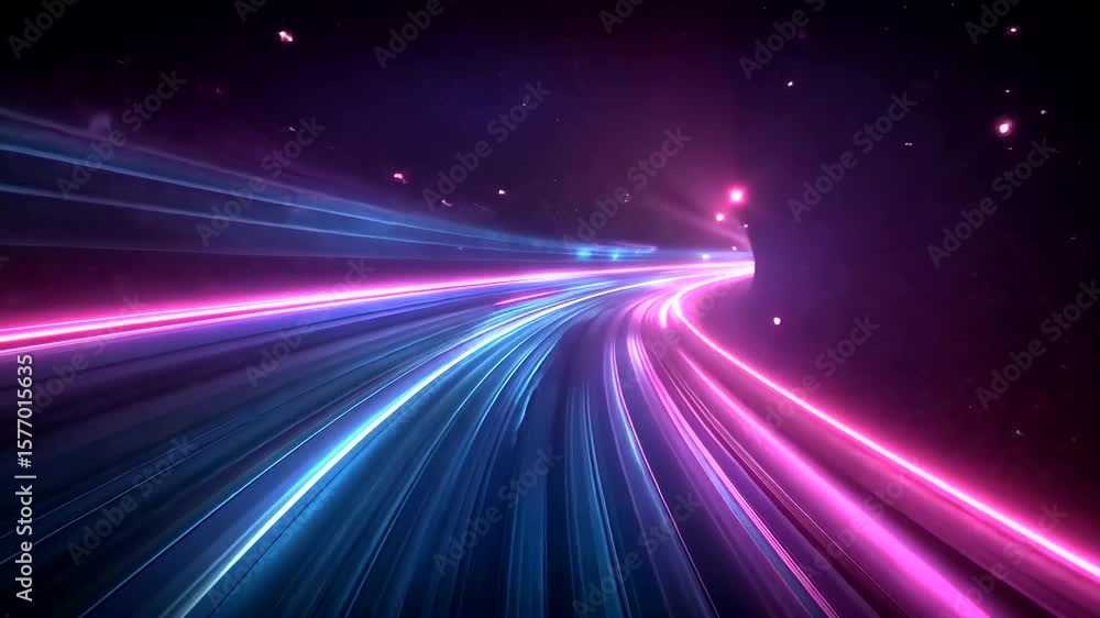 Poster abstract neon light trails speed through a futuristic tunnel for background effect