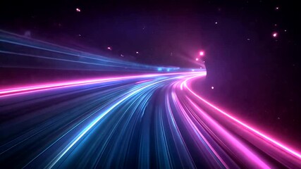 Abstract neon light trails speed through a futuristic tunnel for background effect - Powered by Adobe